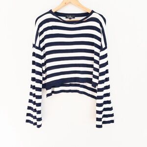 Lulu's Navy White Split Neck Flare Sleeve Stripe Crop Sweater Capsule Minimalist